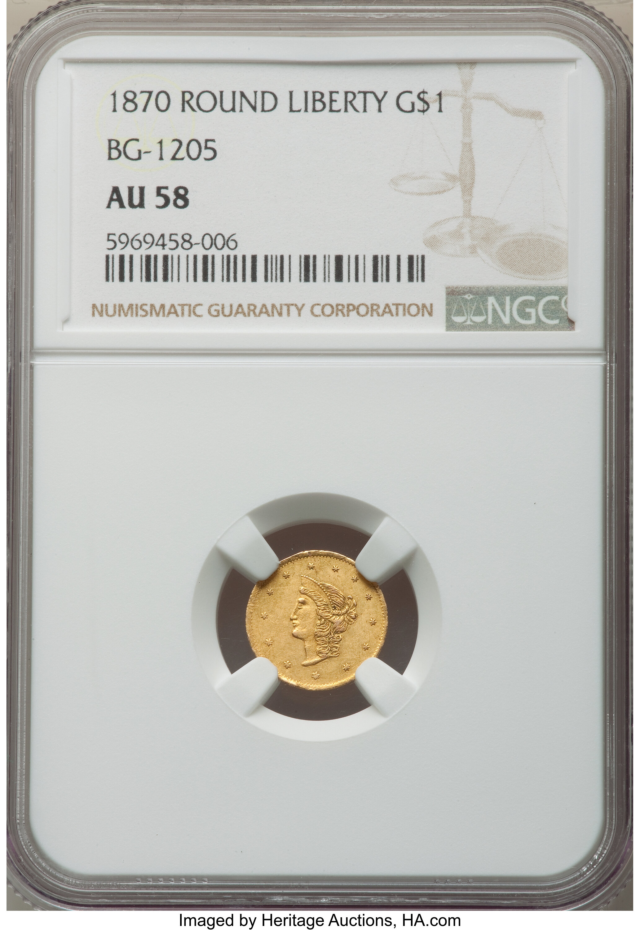 image for: 1870 $1 Goofy Head Round 1 Dollar, BG-1205, High R.4, AU58 NGC. NGC Census: (5/6). PCGS Population: (11/15). AU58. ...