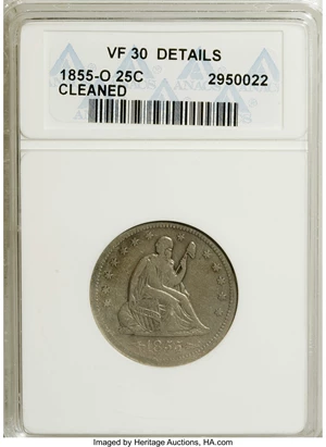image for: 1855-O 25C Arrows--Cleaned--ANACS. VF30 Details. NGC Census: (4/24). PCGS Population (0/10). Mintage: 176,000. Numismedia W...
