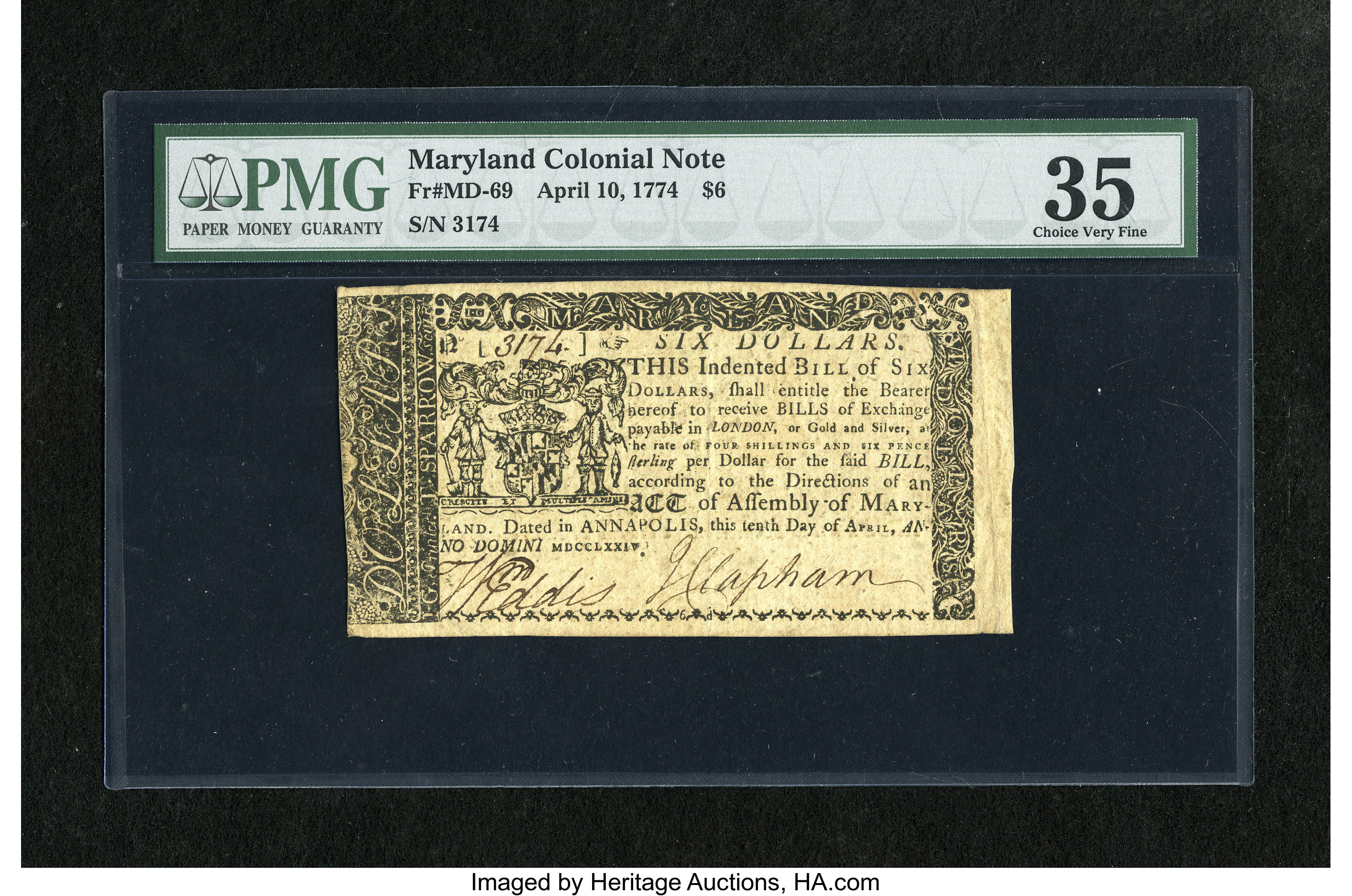 image for: Maryland April 10, 1774 $6 PMG Choice Very Fine 35.