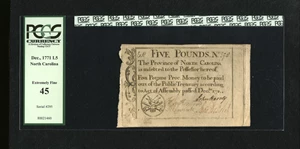 image for: North Carolina December, 1771 £5 PCGS Extremely Fine 45. This note has a half-dozen or so contemporary endorsements on its ...