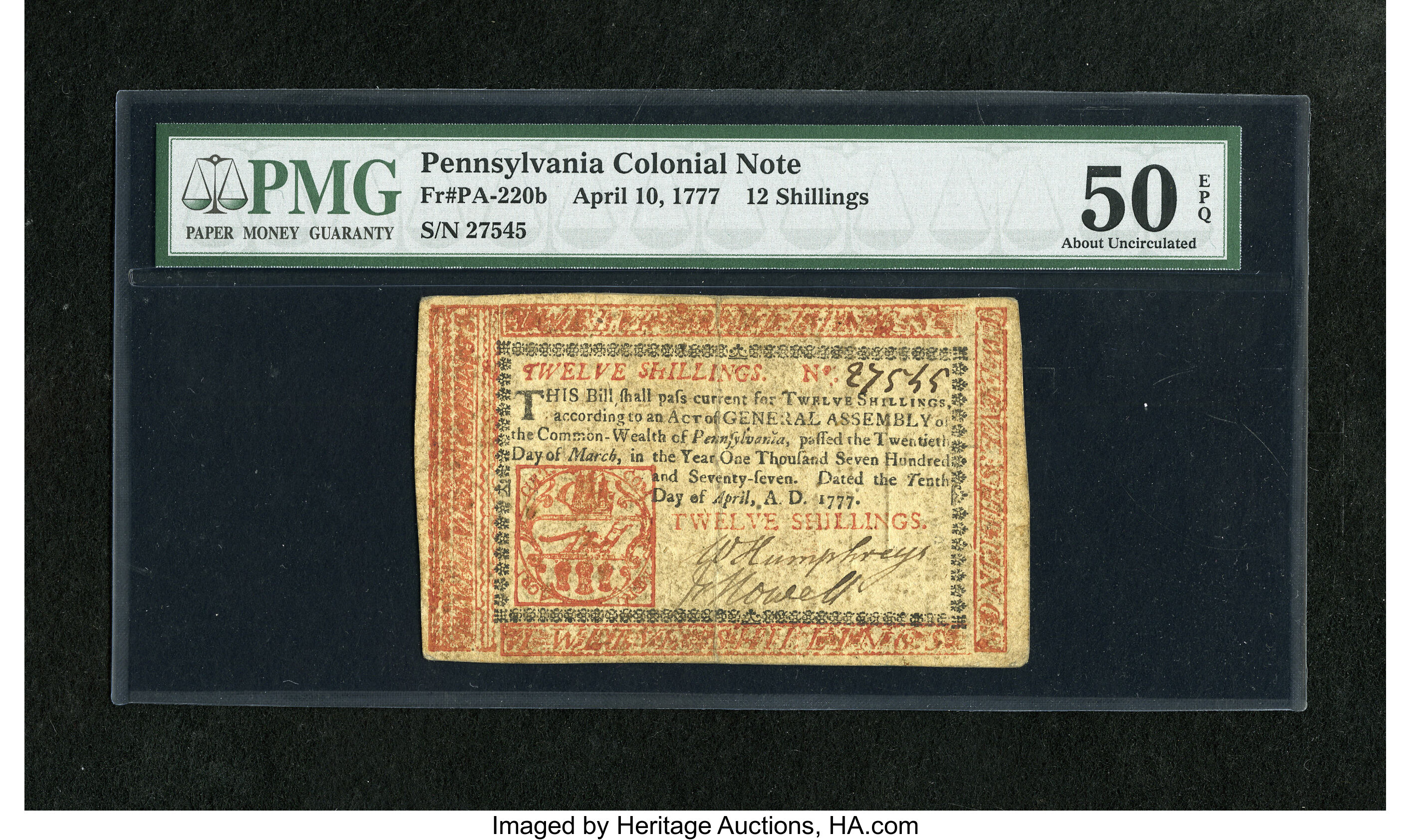 image for: Pennsylvania April 10, 1777 12s PMG About Uncirculated 50 EPQ. A lovely example of this much scarcer red and black type that...