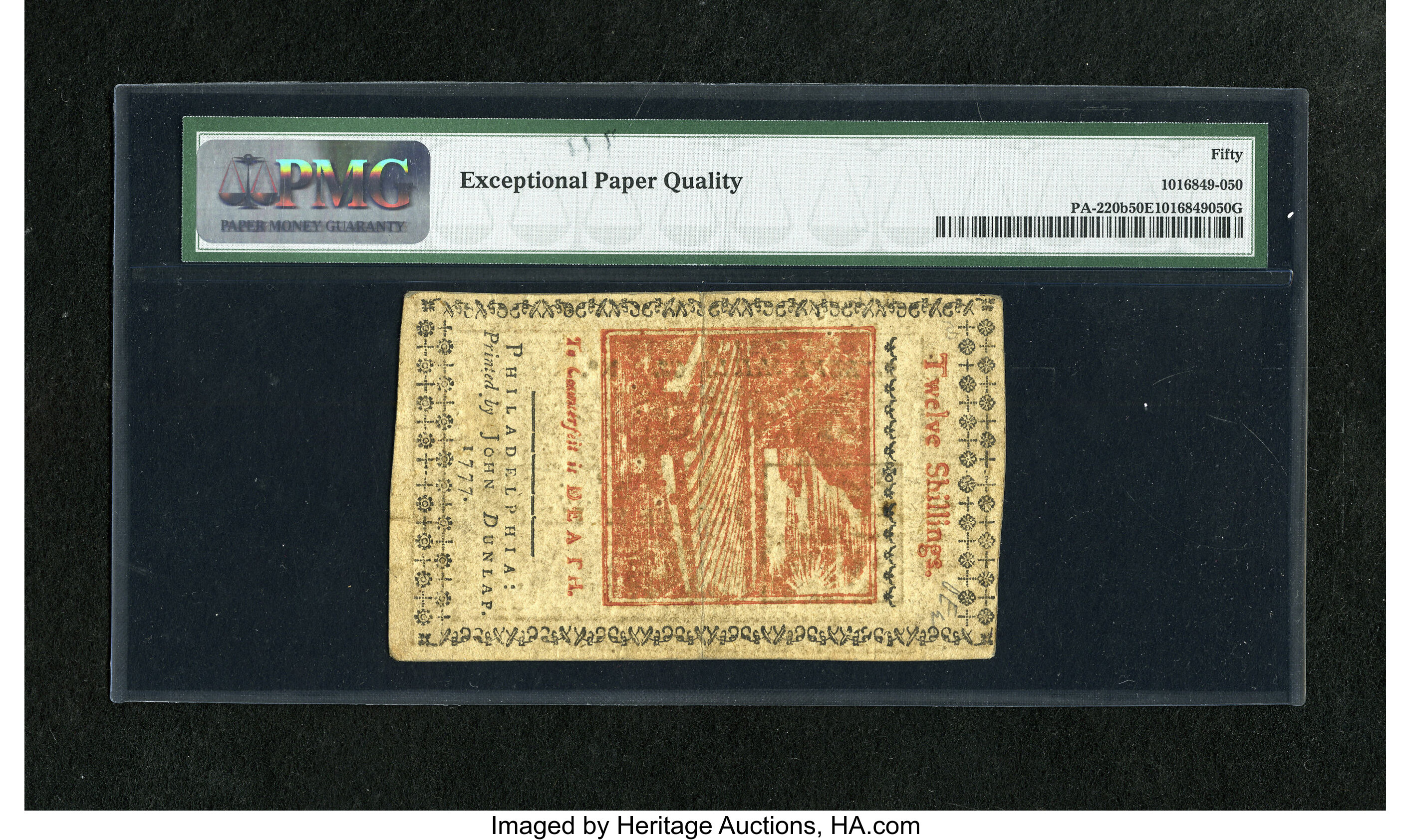image for: Pennsylvania April 10, 1777 12s PMG About Uncirculated 50 EPQ. A lovely example of this much scarcer red and black type that...