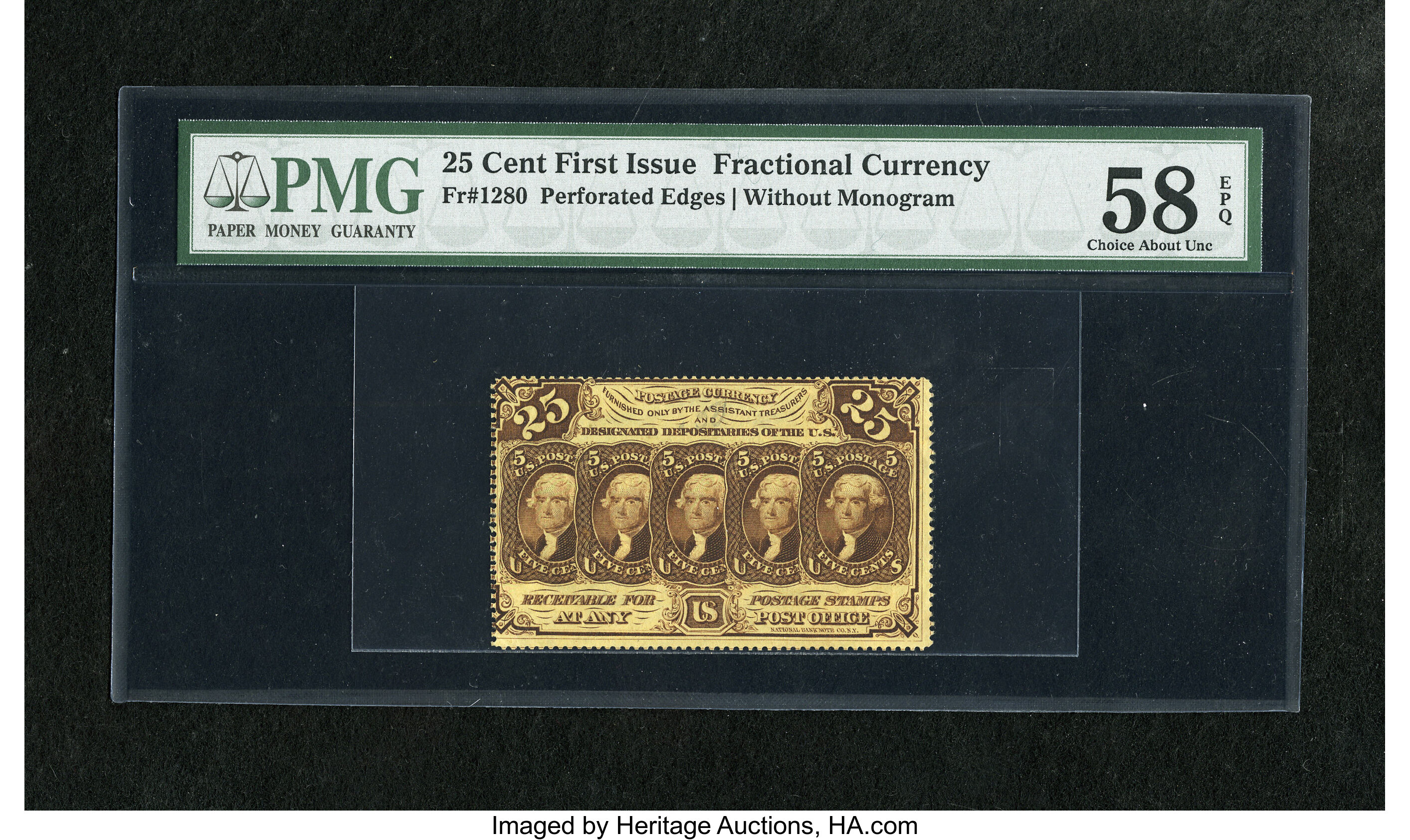 image for: Fr. 1280 25c First Issue PMG Choice About Unc 58 EPQ. A bright yellow example of this much scarcer no monogram perforated va...