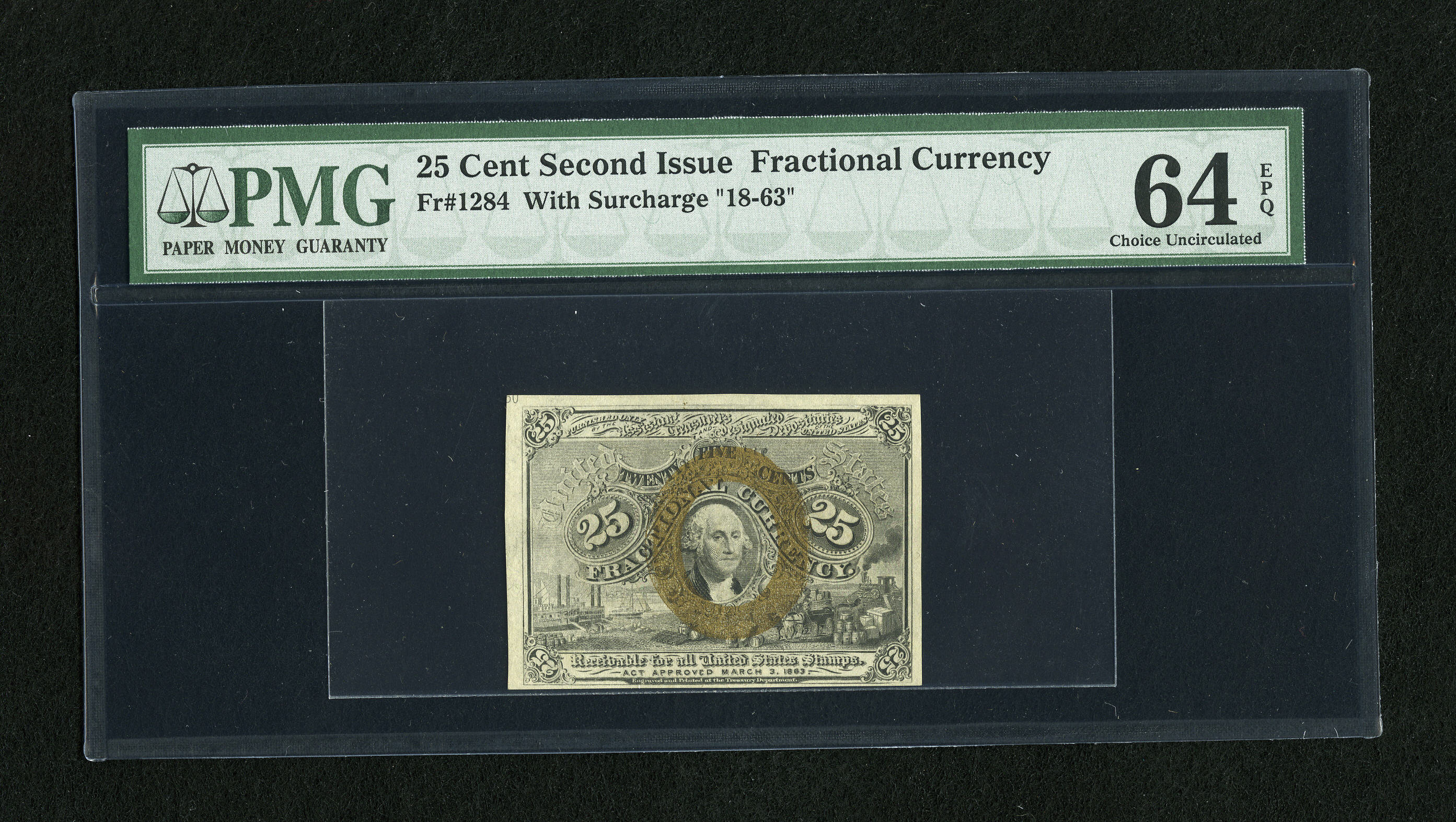 image for: Fr. 1284 25c Second Issue PMG Choice Uncirculated 64 EPQ. A reflective bronze overprint and plate number 60 in the upper lef...