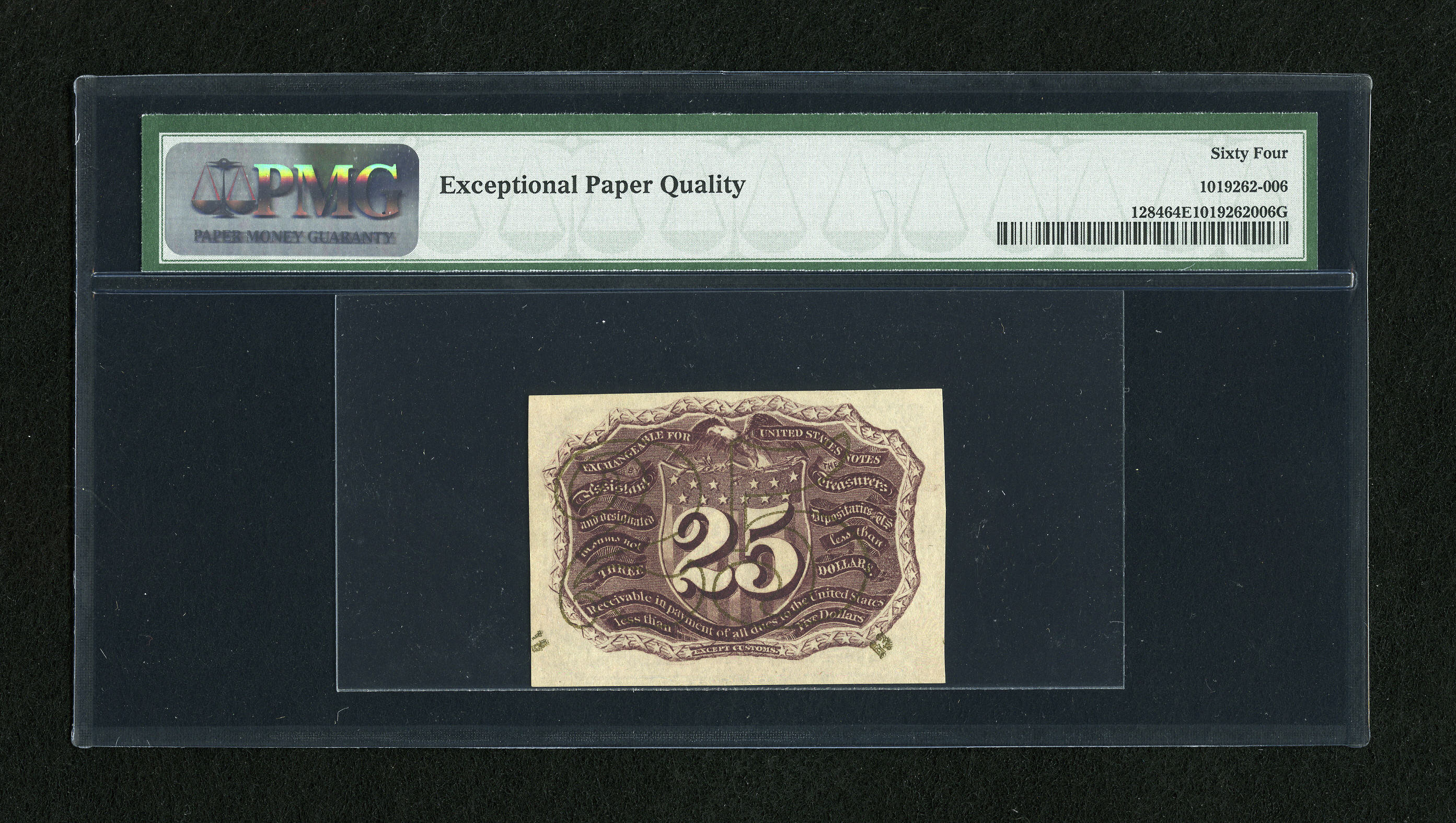 image for: Fr. 1284 25c Second Issue PMG Choice Uncirculated 64 EPQ. A reflective bronze overprint and plate number 60 in the upper lef...