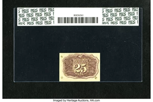 image for: Fr. 1286 25c Second Issue PCGS Choice New 63. The "S" and "18" surcharges are very distinct on this example, while the "63" ...