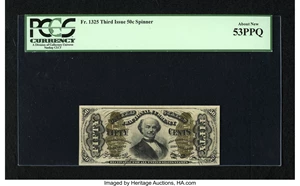 image for: Fr. 1325 50¢ Third Issue Spinner PCGS About New 53PPQ. A lovely "1" and "a" Red Back Spinner with perfect color, clearly ori...