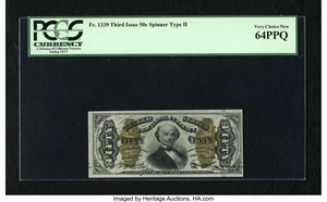 image for: Fr. 1339 50c Third Issue Spinner Type II PCGS Very Choice New 64PPQ. The back centering is shifted to the left, which likely...