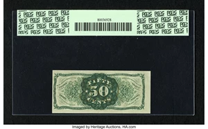 image for: Fr. 1339 50c Third Issue Spinner Type II PCGS Very Choice New 64PPQ. The back centering is shifted to the left, which likely...