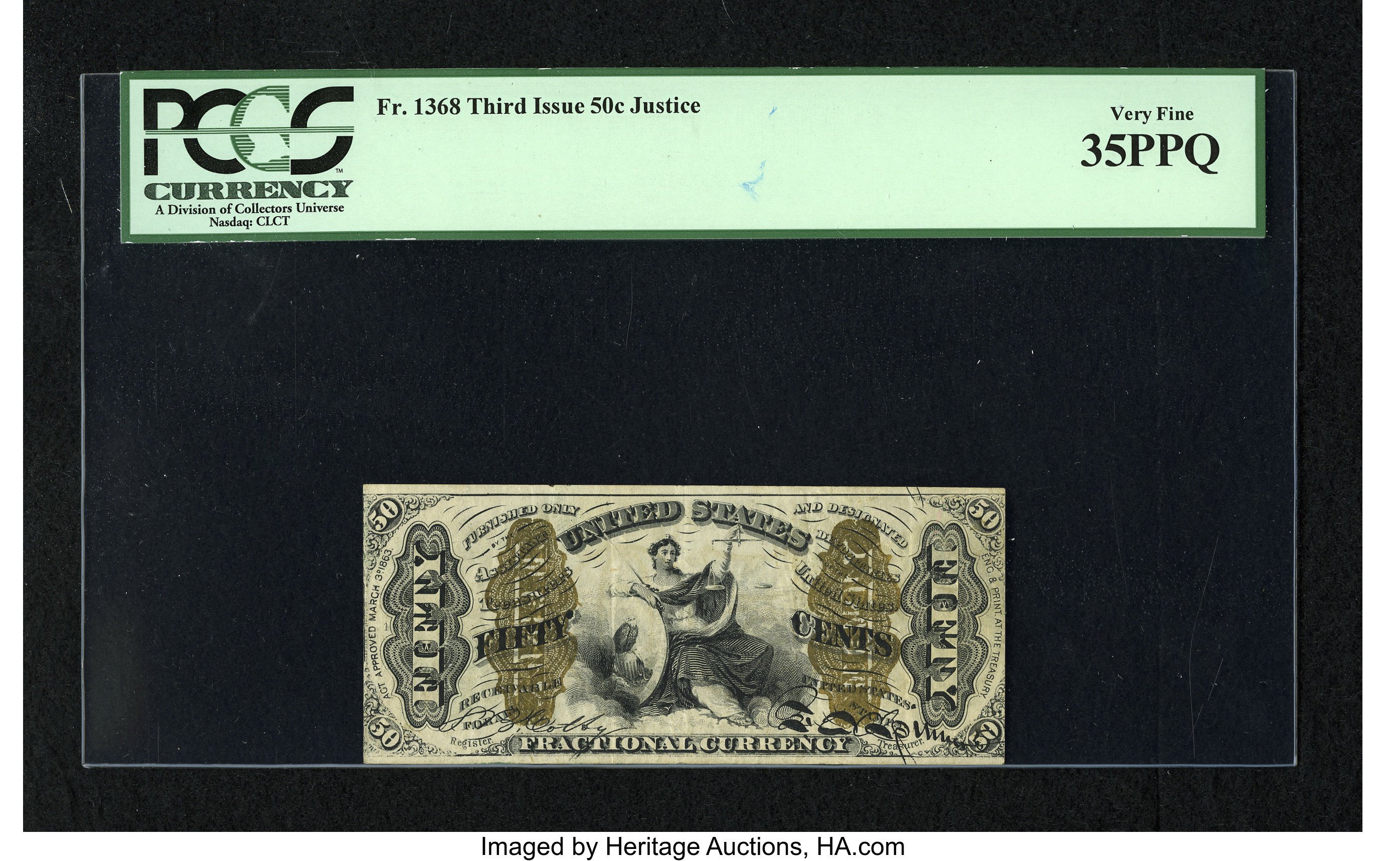 image for: Fr. 1368 50c Third Issue Justice PCGS Very Fine 35PPQ. A much tougher variety and seldom seen in any grade. The top and bott...