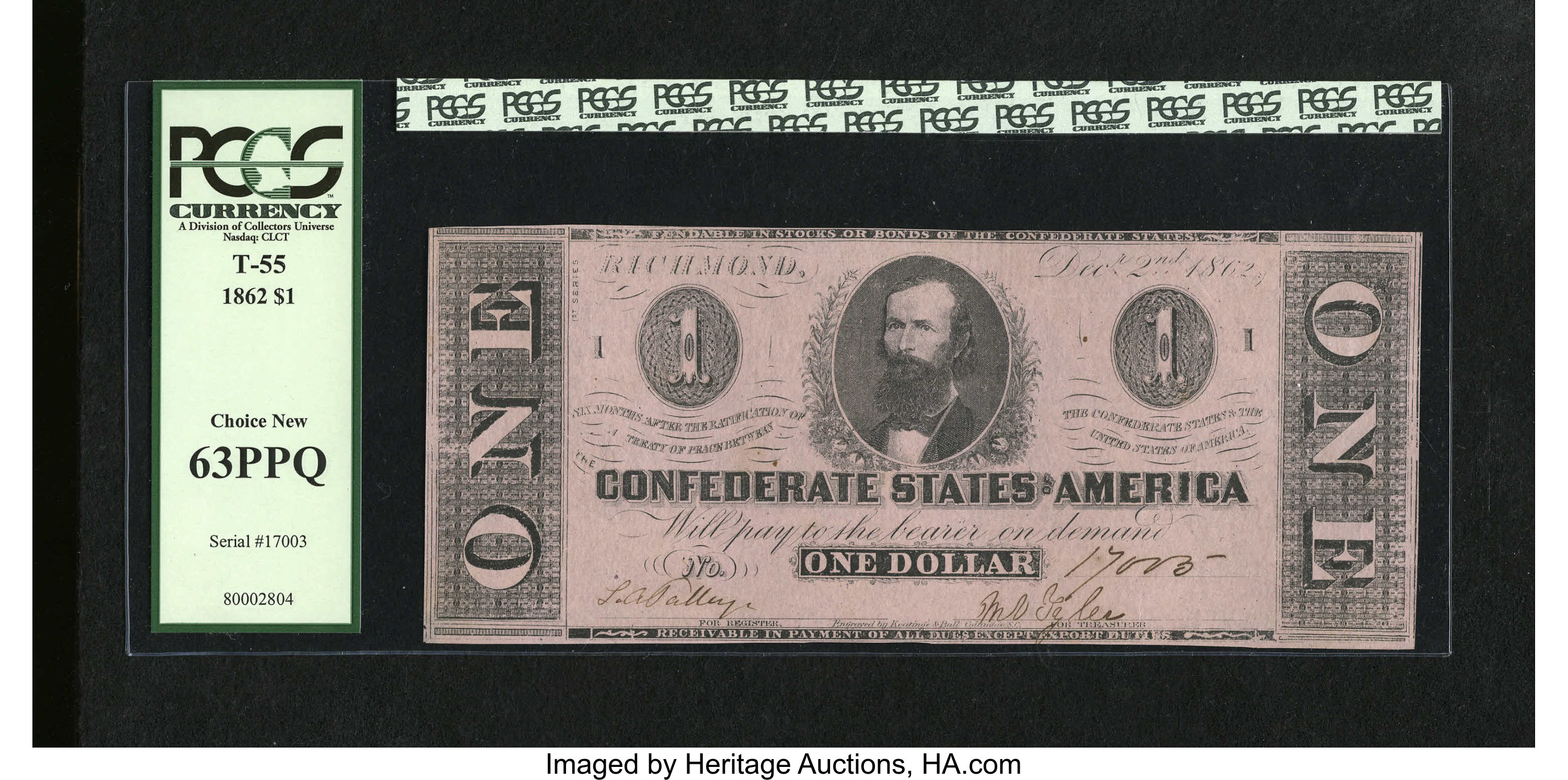 image for: T55 $1 1862. This well margined Clay Ace has been graded Choice New 63PPQ by PCGS....