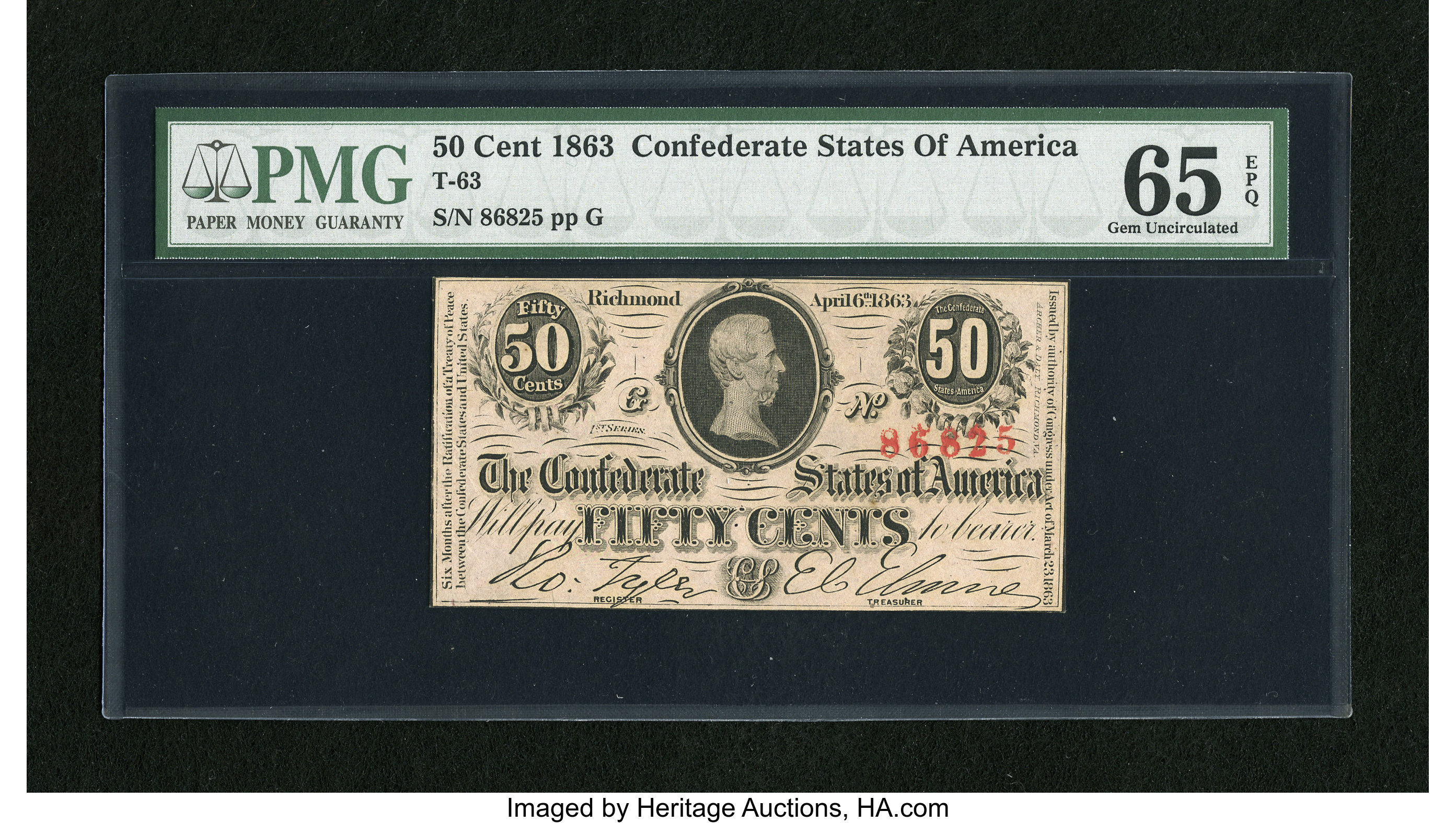 image for: T63 50 Cents 1863. Bold serial number embossing is found on this PMG Gem Uncirculated 65 EPQ note. This is probably the ...