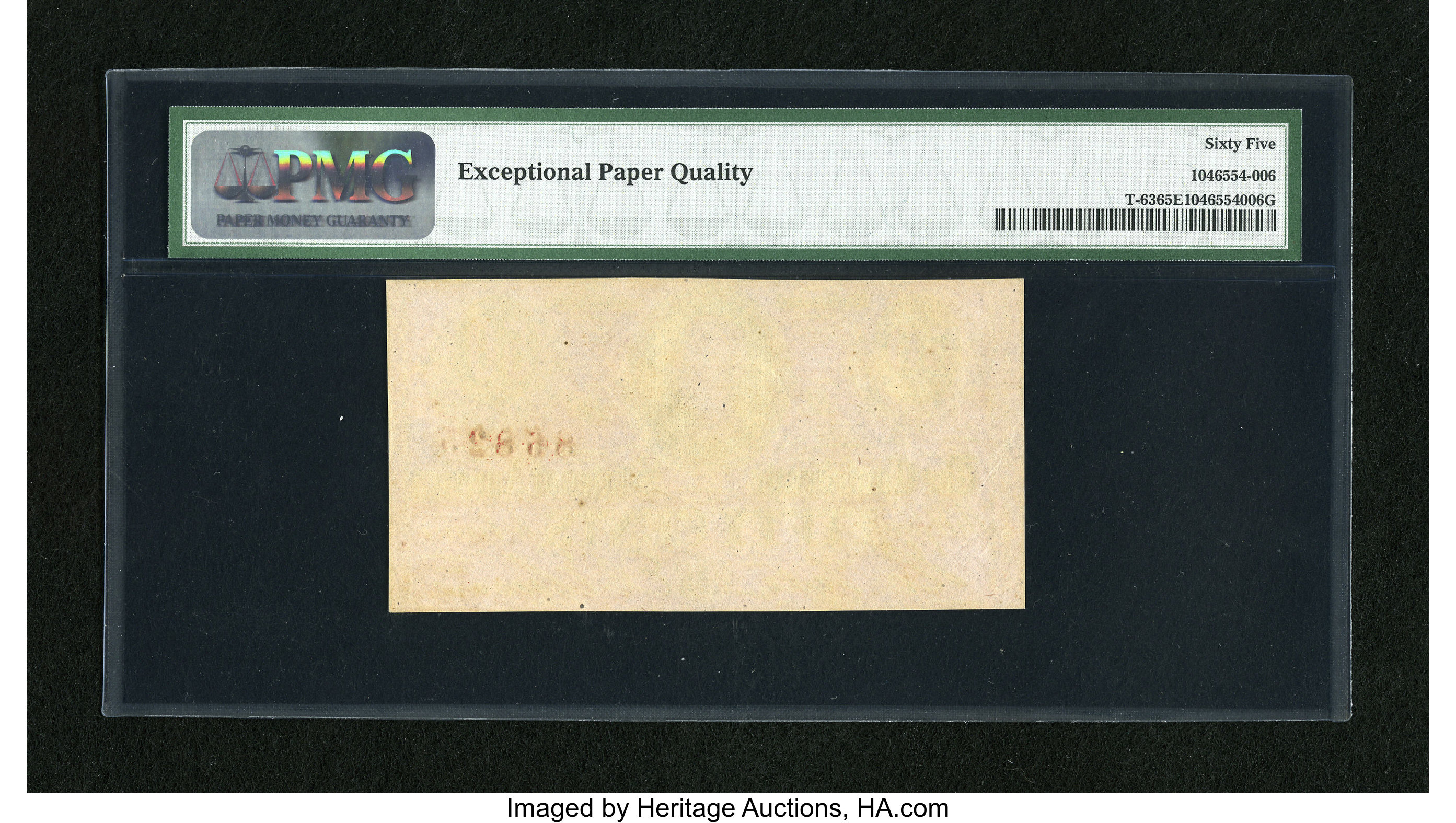 image for: T63 50 Cents 1863. Bold serial number embossing is found on this PMG Gem Uncirculated 65 EPQ note. This is probably the ...