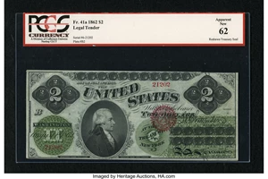 image for: Fr. 41a $2 1862 Legal Tender PCGS Apparent New 62.
