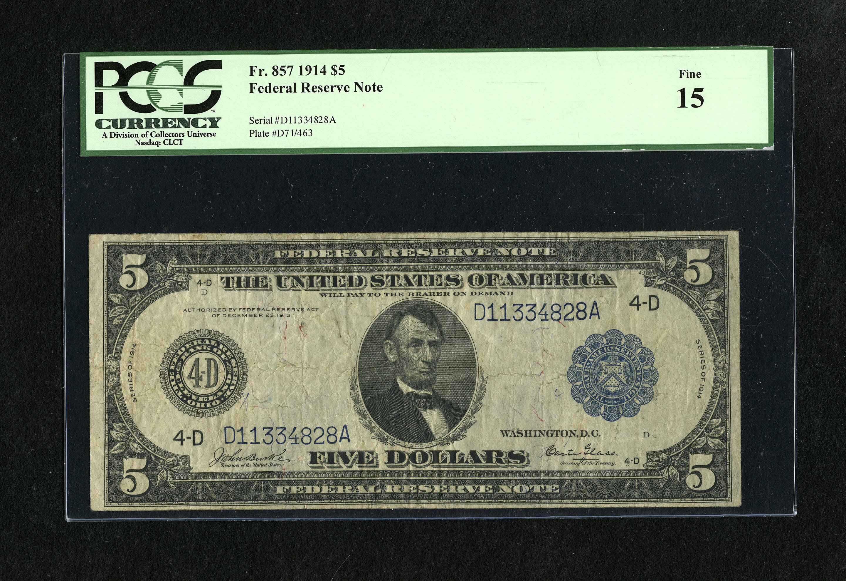 image for: Fr. 857 $5 1914 Federal Reserve Note PCGS Fine 15. A popular Carter-Glass issue with solid paper. To date, only about two do...