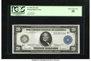 image for: Fr. 999 $20 1914 Federal Reserve Note PCGS Choice About New 55.