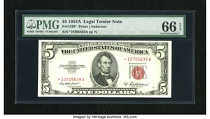 image for: Fr. 1533* $5 1953A Legal Tender Note. PMG Gem Uncirculated 66 EPQ.An exquisite star with fantastic embossing.From The ...