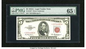 image for: Fr. 1533* $5 1953A Legal Tender Note. PMG Gem Uncirculated 65EPQ.This is a superior example of this scarcer star that disp...