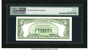 image for: Fr. 1533* $5 1953A Legal Tender Note. PMG Gem Uncirculated 65EPQ.This is a superior example of this scarcer star that disp...