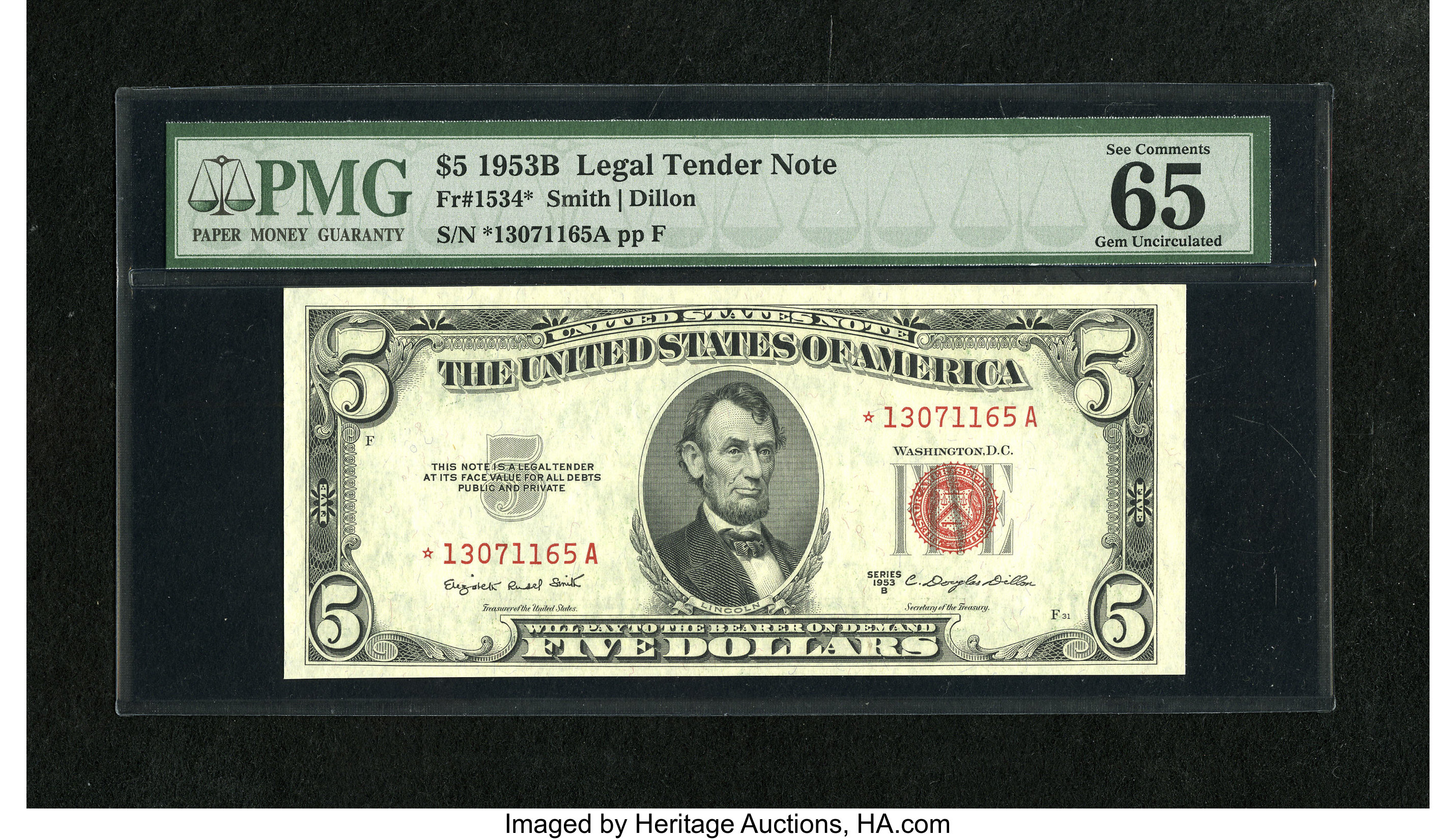 image for: Fr. 1534* $5 1953B Legal Tender Note. PMG Gem Uncirculated 65 EPQ.Bold punch through embossing and fiery red inks are seen...