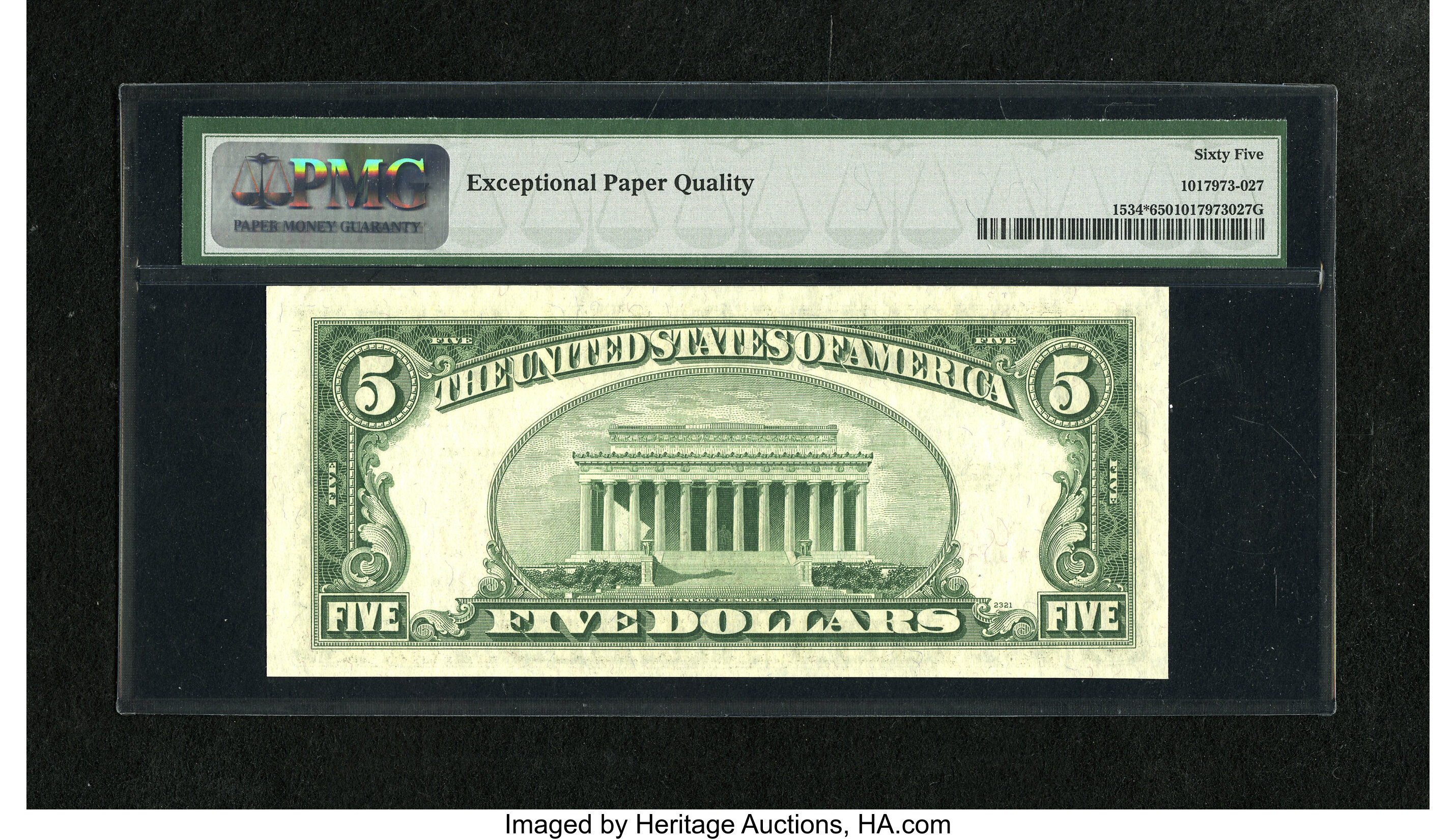 image for: Fr. 1534* $5 1953B Legal Tender Note. PMG Gem Uncirculated 65 EPQ.Bold punch through embossing and fiery red inks are seen...