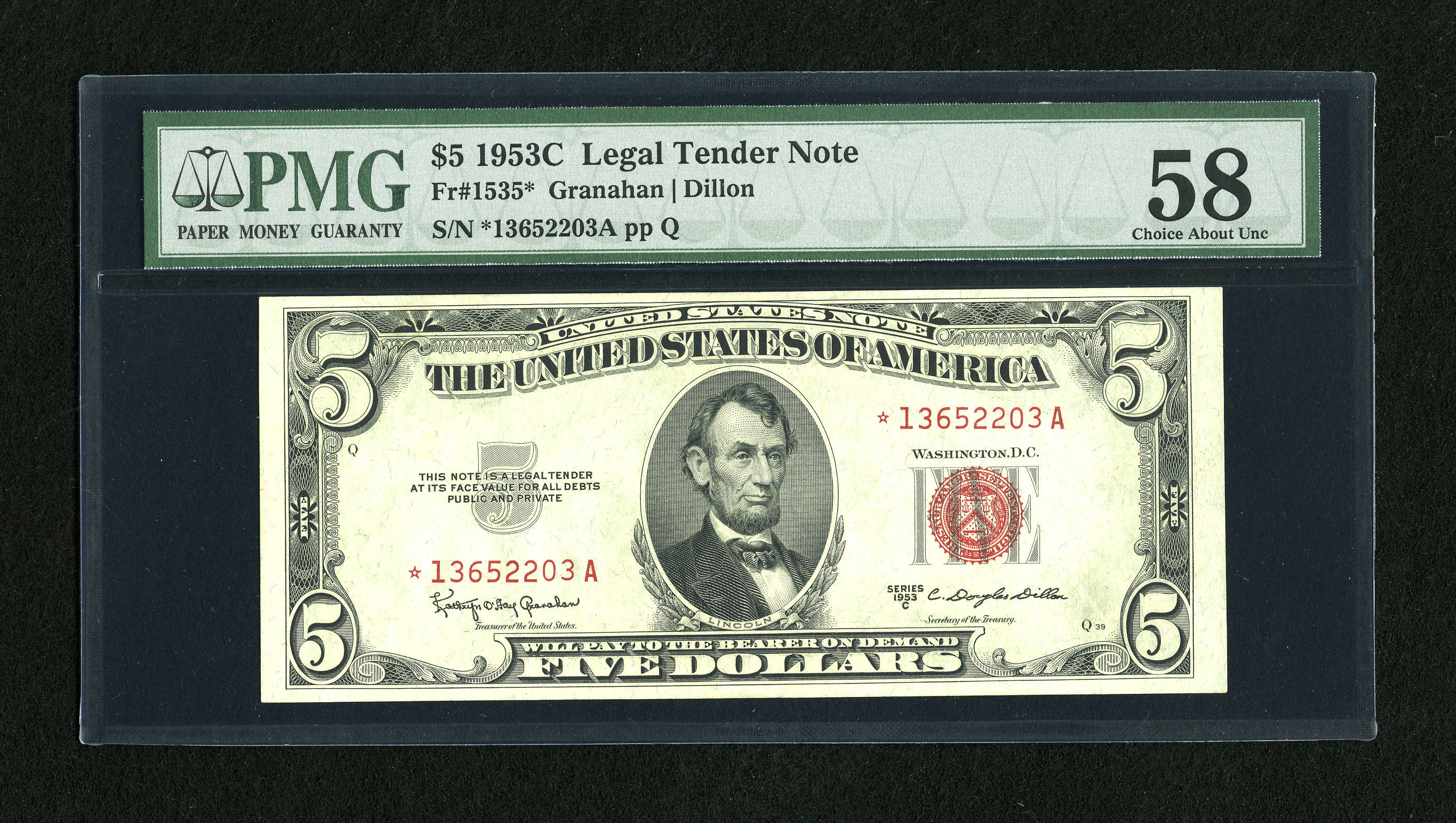 image for: Fr. 1535* $5 1953C Legal Tender Note. PMG Choice About Unc 58.A corner bump accounts for the grade on this attractive issu...