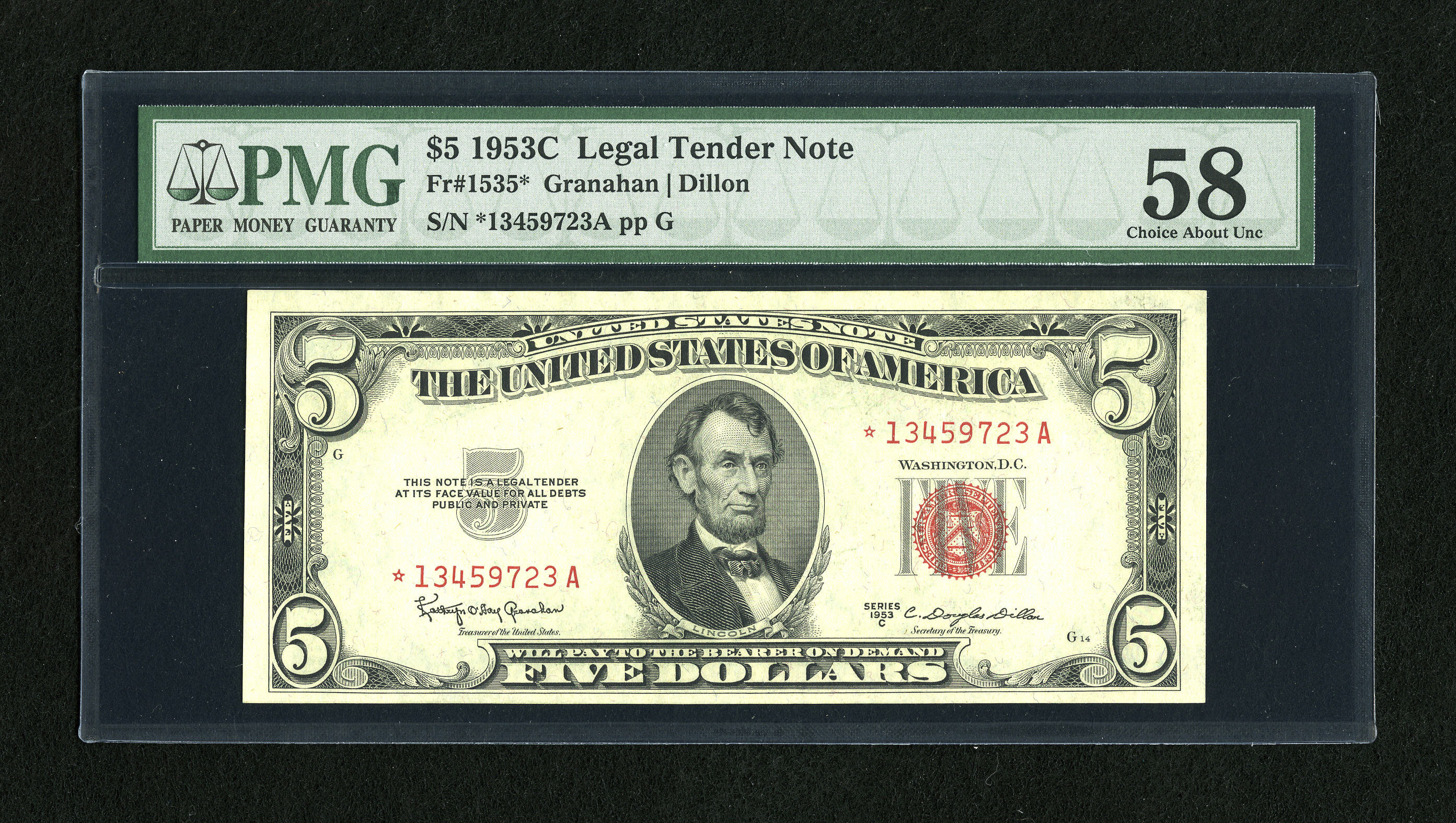 image for: Fr. 1535* $5 1953C Legal Tender Note. PMG Choice About Unc 58.Embossing is noted on this star note....