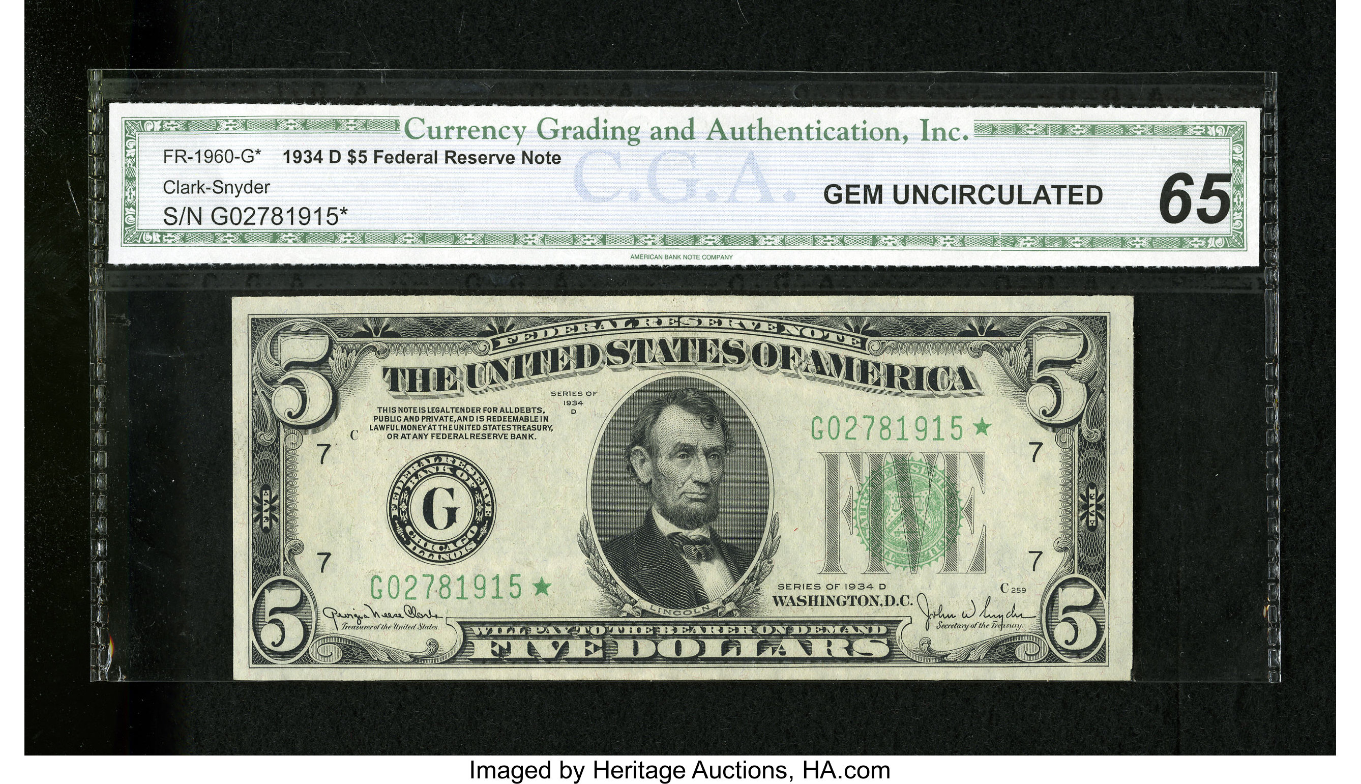 image for: Fr. 1960-G* $5 1934D Federal Reserve Note. CGA Gem Uncirculated 65.Nice margins and color are seen on the inhabitant of th...