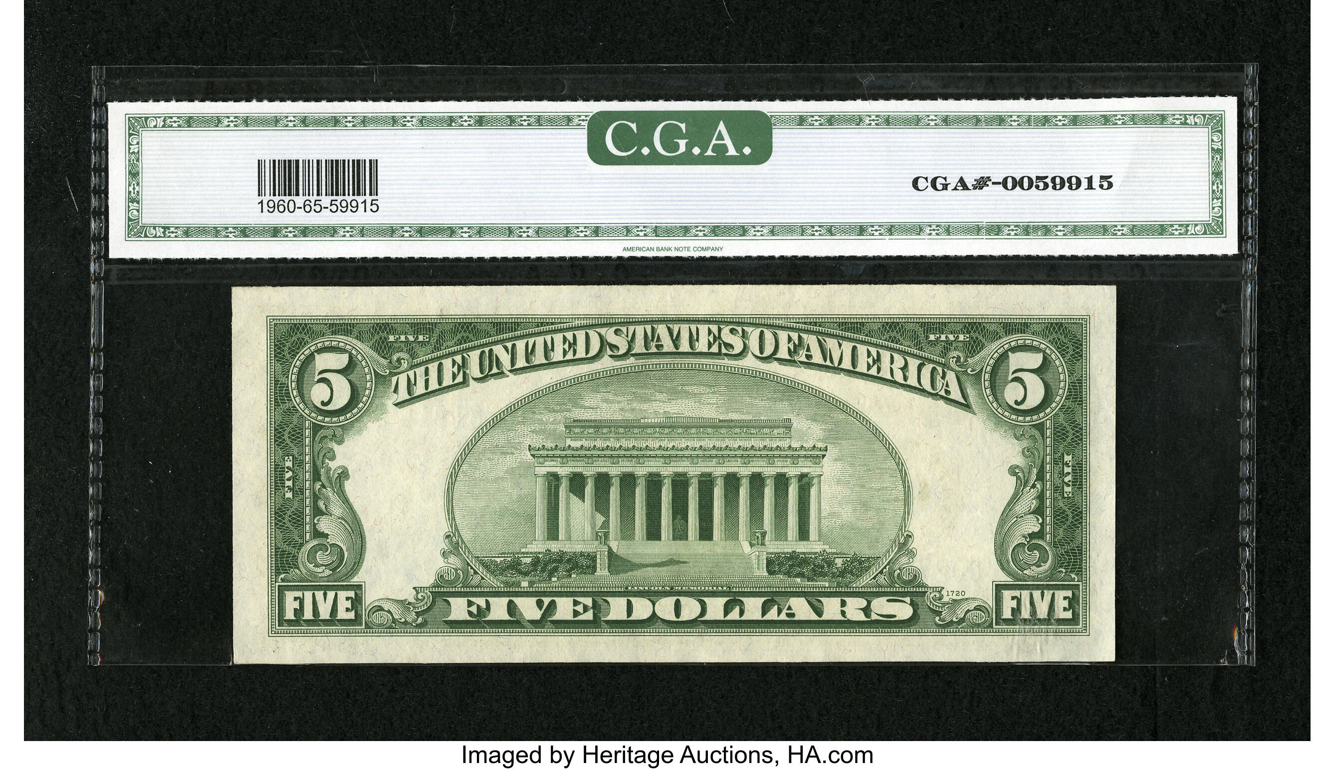 image for: Fr. 1960-G* $5 1934D Federal Reserve Note. CGA Gem Uncirculated 65.Nice margins and color are seen on the inhabitant of th...
