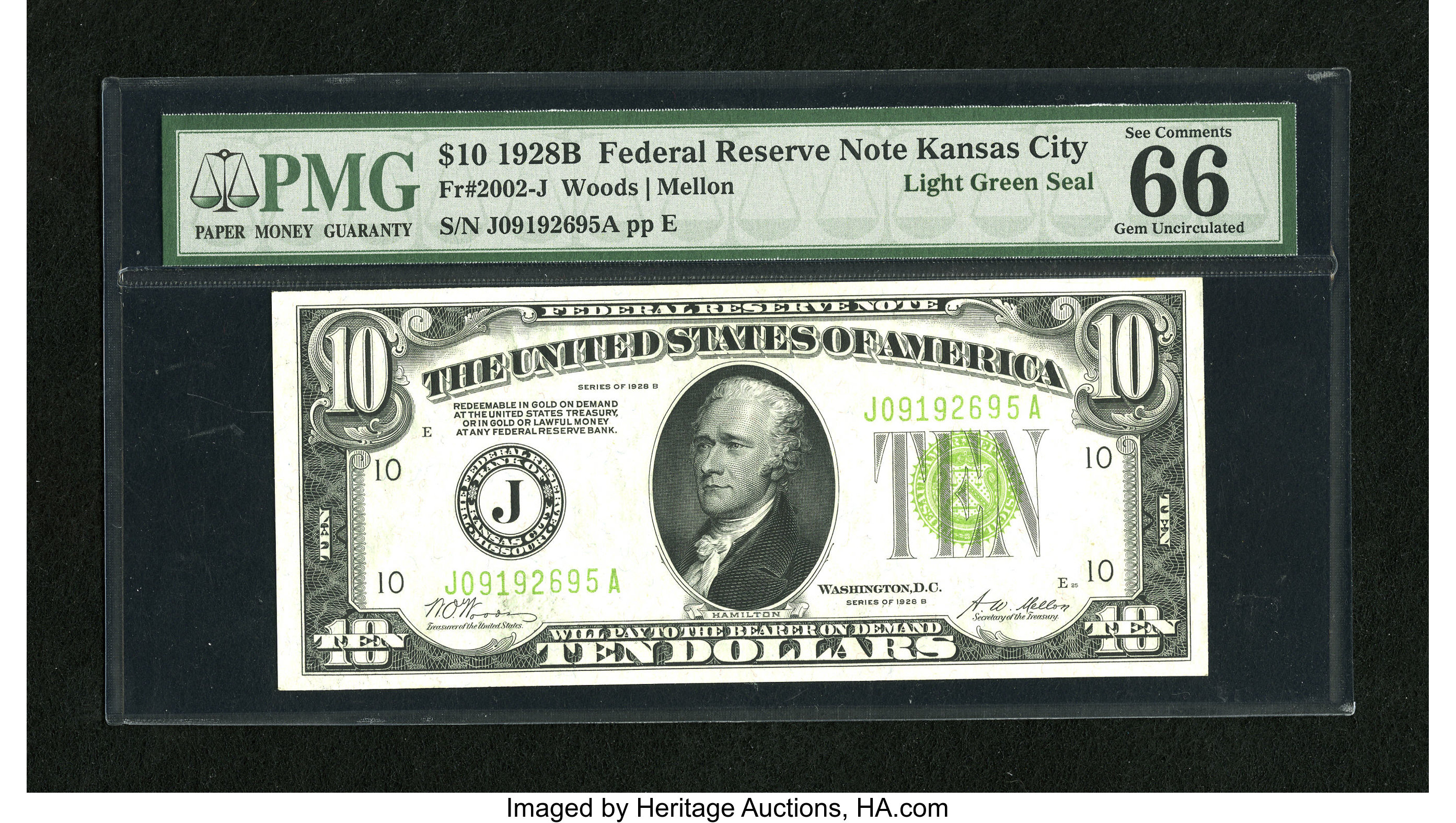 image for: Fr. 2002-J $10 1928B LGS Federal Reserve Note. PMG Gem Uncirculated 66 EPQ.A lovely example of this light green seal varie...