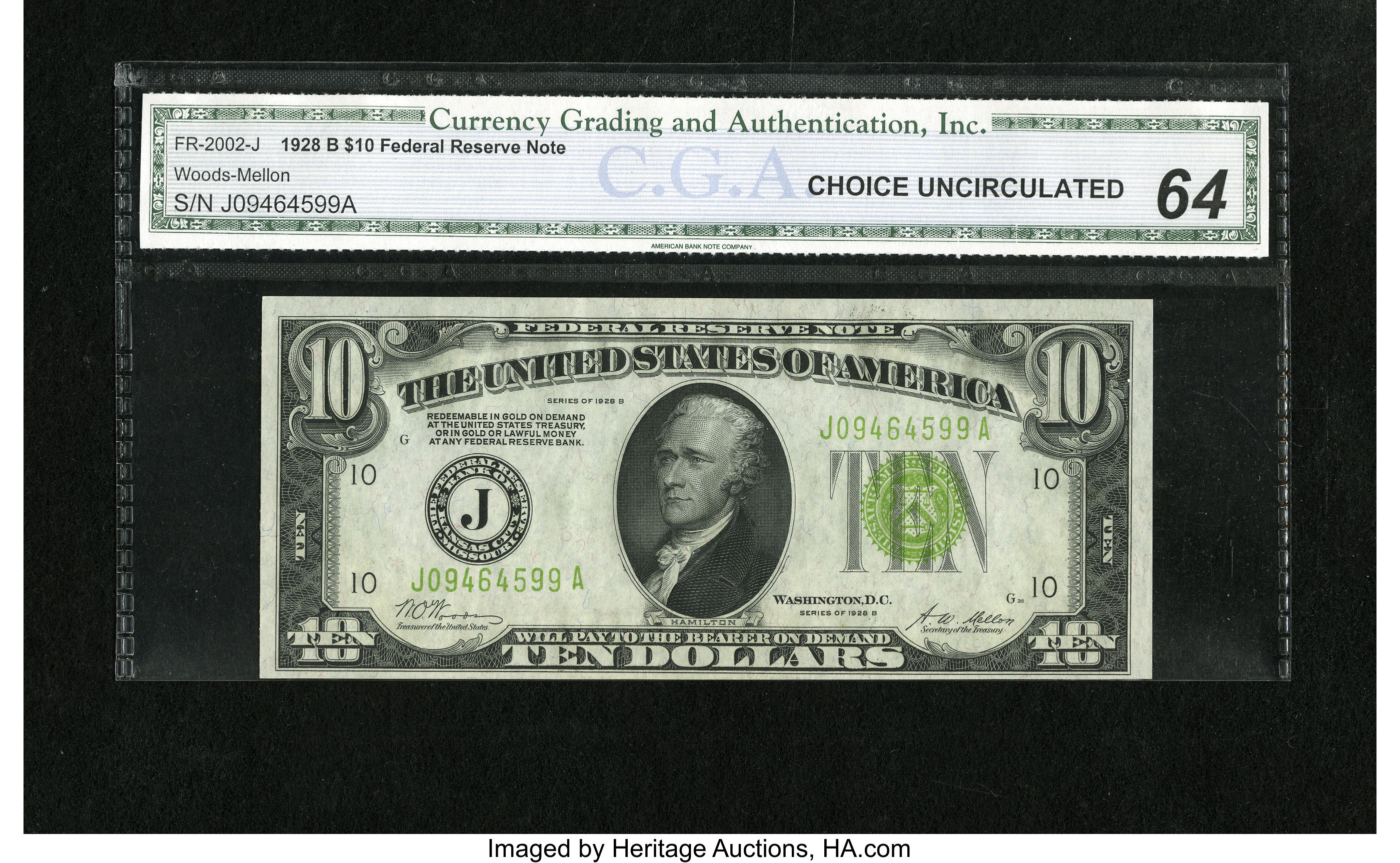 image for: Fr. 2002-J $10 1928B Light Green Seal Federal Reserve Note. CGA Choice Uncirculated 64.The inks are fresh on this pleasing...