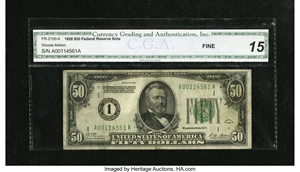 image for: Fr. 2100-A $50 1928 Federal Reserve Note. CGA Fine 15.Most of the examples that we have offered of this very scarce Boston...