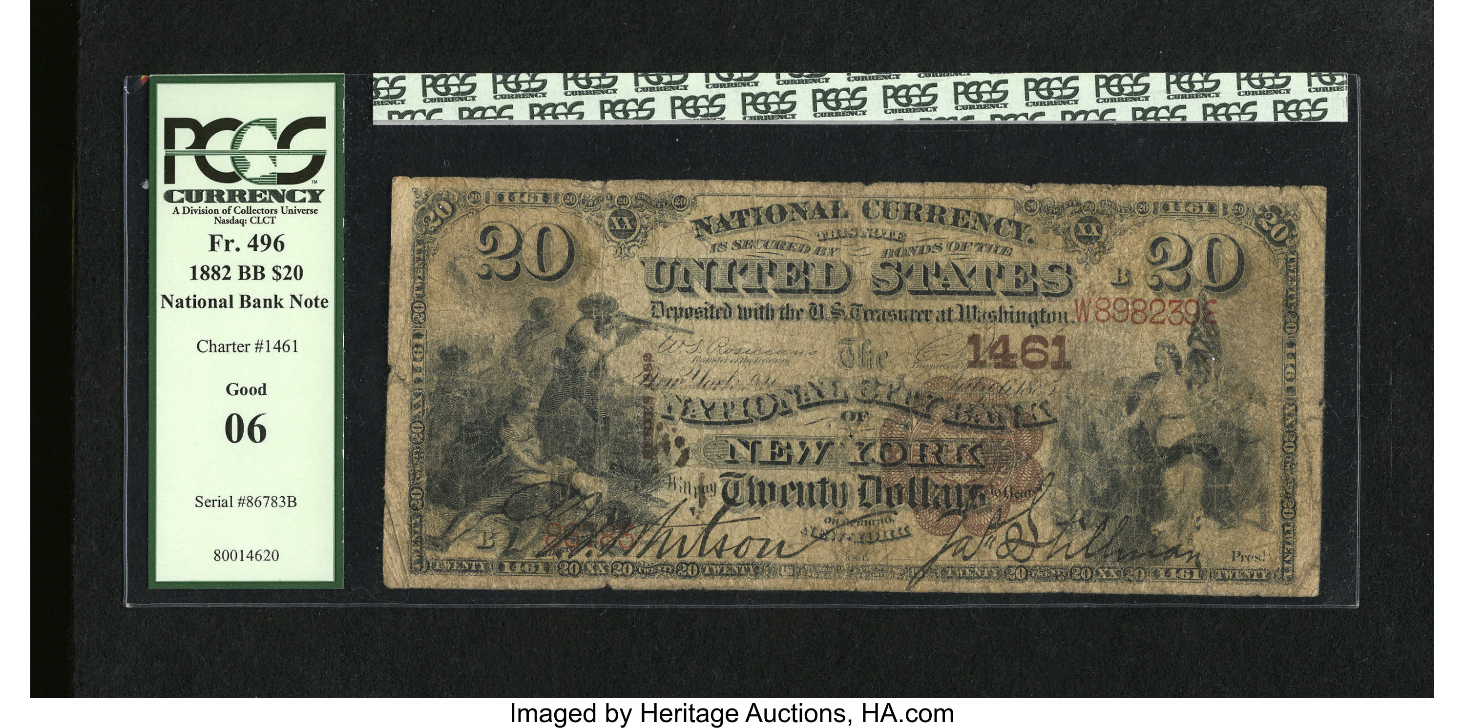 image for: New York, NY - $20 1882 Brown Back Fr. 496 The National City Bank Ch. # 1461Boldly printed signatures set this  PCGS...