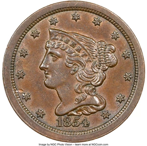 image for: 1854 1/2 C C-1, B-1, R.1, AU58 NGC. NGC Census: (81/561). PCGS Population: (1/16). CDN: $150 Whsle. Bid for NGC/PCGS AU58. ...