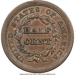 image for: 1854 1/2 C C-1, B-1, R.1, AU58 NGC. NGC Census: (81/561). PCGS Population: (1/16). CDN: $150 Whsle. Bid for NGC/PCGS AU58. ...
