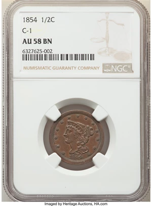 image for: 1854 1/2 C C-1, B-1, R.1, AU58 NGC. NGC Census: (81/561). PCGS Population: (1/16). CDN: $150 Whsle. Bid for NGC/PCGS AU58. ...