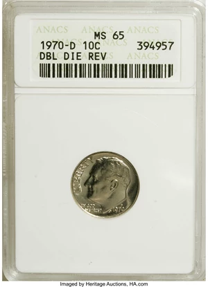 image for: 1970-D 10C Double Die Reverse MS65 ANACS. NGC Census: (11/74). PCGS Population (32/118). Mintage: 754,942,080. Numismedia W...