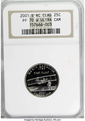 image for: 2001-S 25C North Carolina Clad PR70 W Deep Cameo NGC. NGC Census: (0/0). PCGS Population (60/0). Numismedia Wsl. Price for...