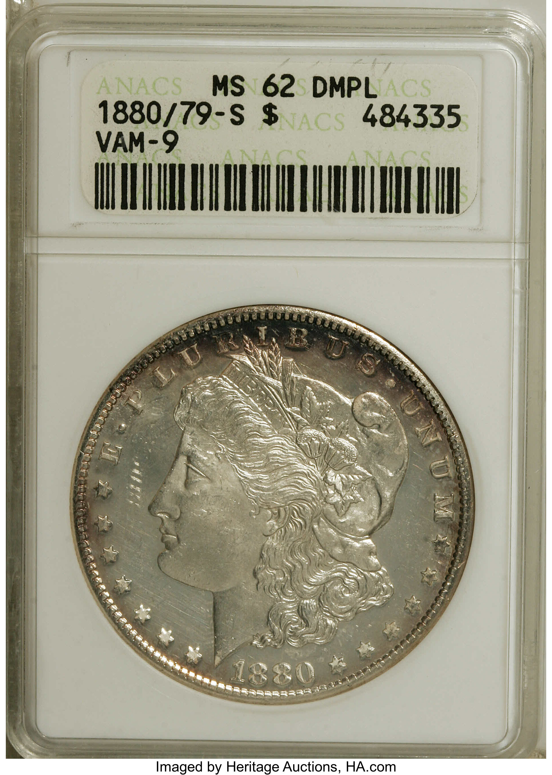 image for: 1880/79-S $1 MS62 Deep Mirror Prooflike ANACS. VAM-9. A Top 100 Variety. (#97121)...