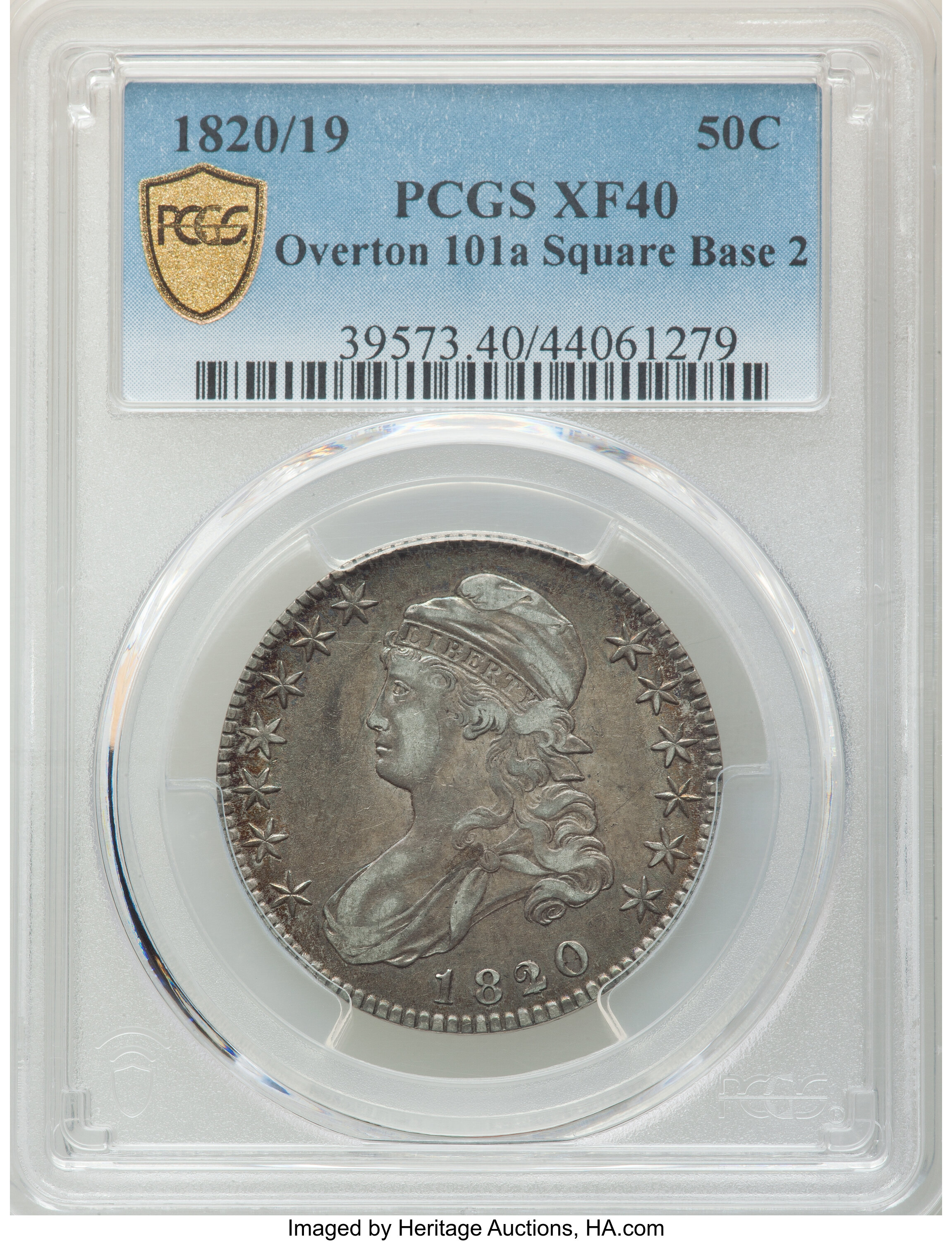 image for: 1820/19 50C Square Base 2, O-101a, R.2, XF40 PCGS. PCGS Population: (2/4 and 0/0+). NGC Census: (1/7 and 0/0+). XF40. ...