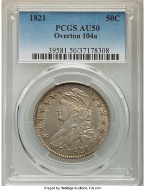 image for: 1821 50C O-104a, R.1, AU50 PCGS. PCGS Population: (2/3). NGC Census: (2/7). AU50. Mintage 1,305,797. ...