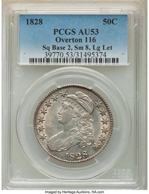 image for: 1828 50C Square Base 2, Small 8s, Large Letters, O-116, R.2, AU53 PCGS. PCGS Population: (4/10). NGC Census: (3/11). AU53....