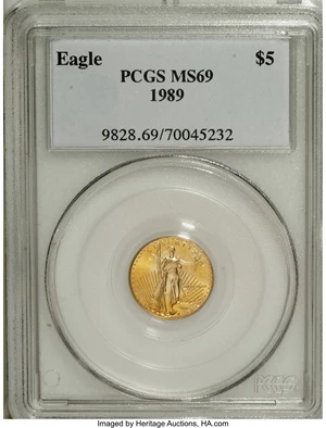 image for: 1989 G$5 Tenth-Ounce Gold Eagle MS69 PCGS. PCGS Population (928/5). NGC Census: (1026/18). Mintage: 264,790. Numismedia Wsl...