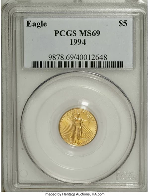 image for: 1994 G$5 Tenth-Ounce Gold Eagle MS69 PCGS. PCGS Population (831/5). NGC Census: (1670/428). Mintage: 206,380. Numismedia Ws...