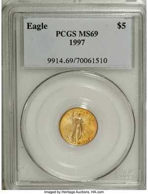 image for: 1997 G$5 Tenth-Ounce Gold Eagle MS69 PCGS. PCGS Population (1104/19). NGC Census: (0/0). Mintage: 528,515. Numismedia Wsl. ...