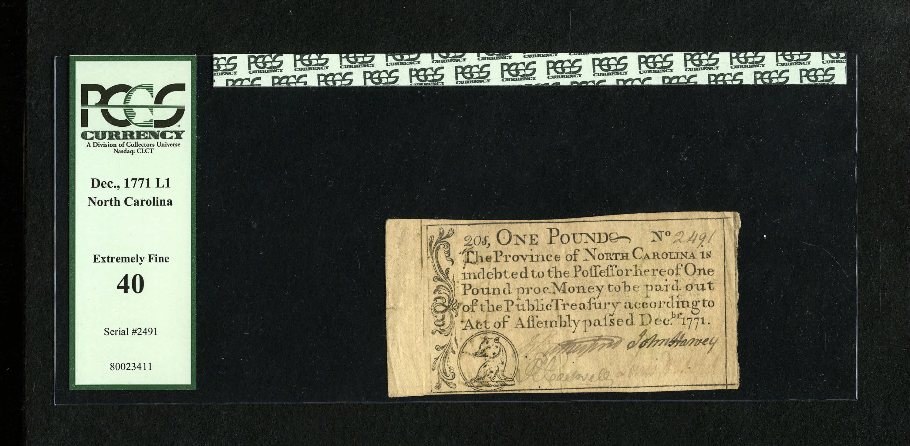 image for: North Carolina December, 1771 £1 PCGS Extremely Fine 40....