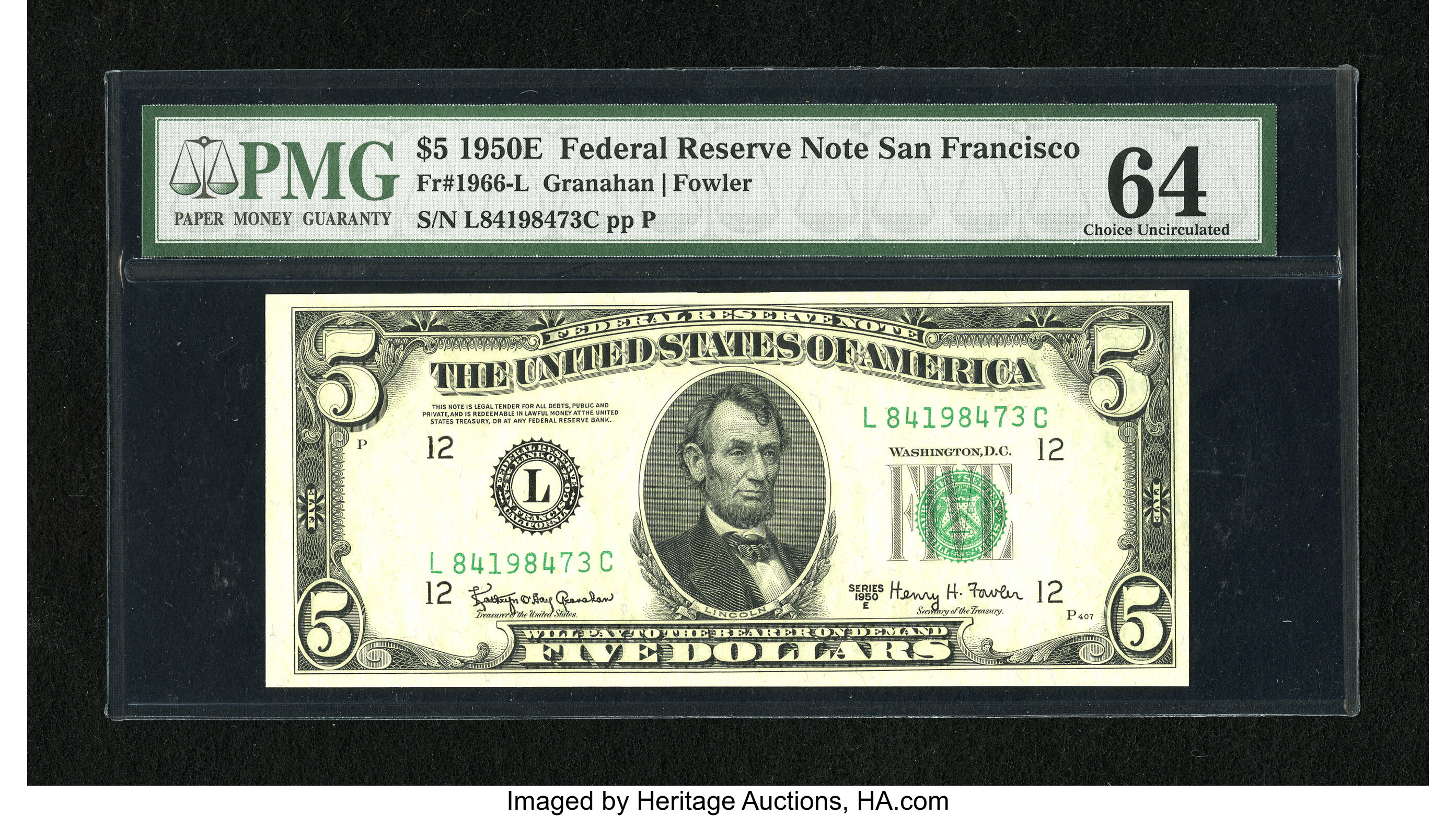 image for: Fr. 1966-L $5 1950E Federal Reserve Note. PMG Choice Uncirculated 64....