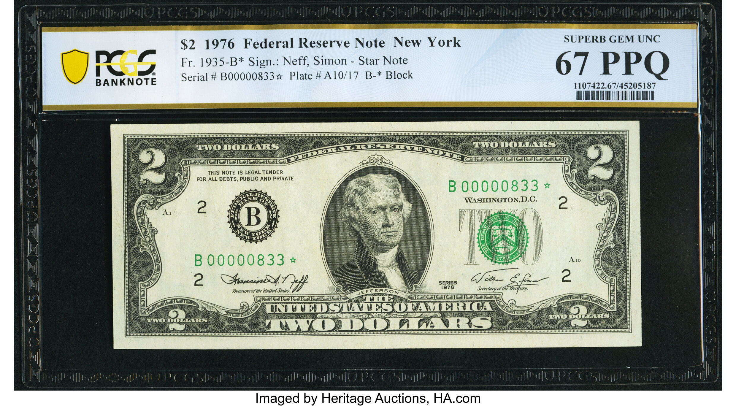image for: Low Serial Number 833 Fr. 1935-B* $2 1976 Federal Reserve Star Note. PCGS Banknote Superb Gem Unc 67 PPQ....