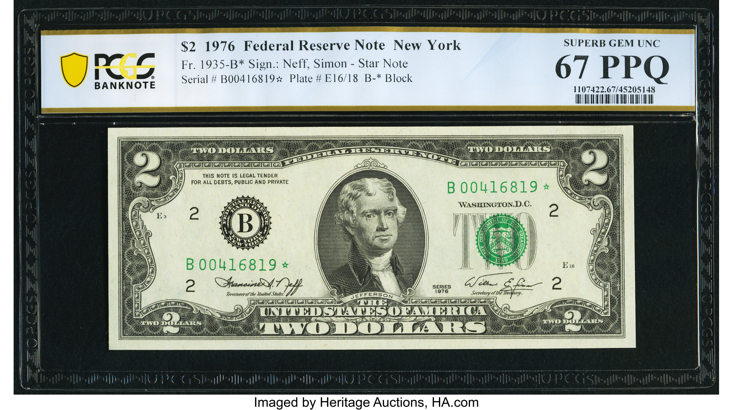 image for: Fr. 1935-B* $2 1976 Federal Reserve Star Note. PCGS Banknote Superb Gem Unc 67 PPQ....