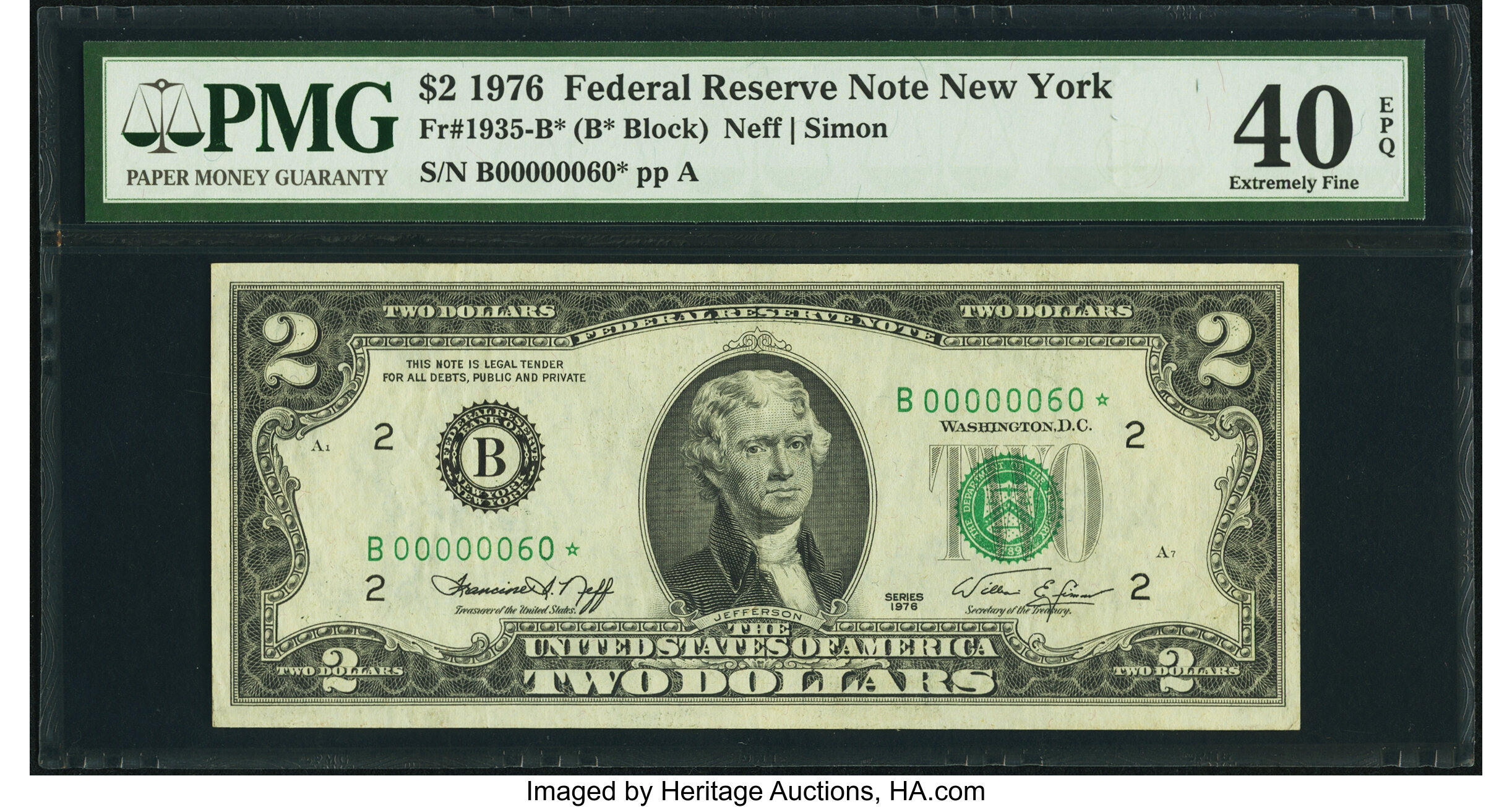 image for: Low Serial Number 60 Fr. 1935-B* $2 1976 Federal Reserve Star Note. PMG Extremely Fine 40 EPQ....